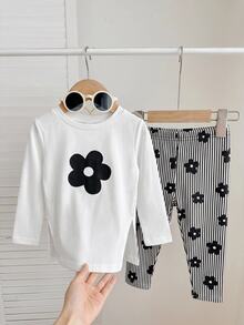 Bubblio Baby Girl Sporty Casual Knit Bear Print Long Sleeve Top & Geometric Pattern Leggings Set - Multicolor - View 2