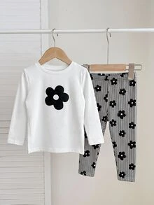 Bubblio Baby Girl Sporty Casual Knit Bear Print Long Sleeve Top & Geometric Pattern Leggings Set - Multicolor - View 3