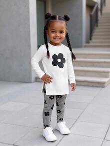 Bubblio Baby Girl Sporty Casual Knit Bear Print Long Sleeve Top & Geometric Pattern Leggings Set - Multicolor - View 4