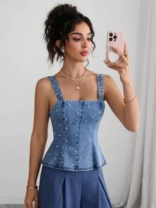 GlowEve Elegant Sexy Studded Blue Denim Daily Wear Washed Comfortable Flattering Versatile Denim Top For Women - Light Wash - View 8