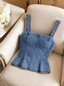 GlowEve Elegant Sexy Studded Blue Denim Daily Wear Washed Comfortable Flattering Versatile Denim Top For Women - Light Wash - View 1