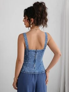 GlowEve Elegant Sexy Studded Blue Denim Daily Wear Washed Comfortable Flattering Versatile Denim Top For Women - Light Wash - View 9