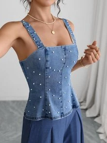 GlowEve Elegant Sexy Studded Blue Denim Daily Wear Washed Comfortable Flattering Versatile Denim Top For Women - Light Wash - View 3