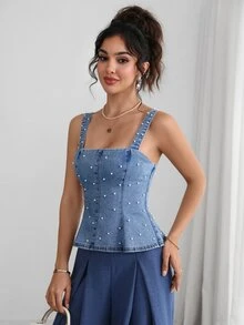 GlowEve Elegant Sexy Studded Blue Denim Daily Wear Washed Comfortable Flattering Versatile Denim Top For Women - Light Wash - View 5