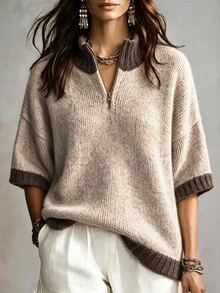 SHEIN Jumper Rajut Wanita Model Baru Musim Gugur/Musim Dingin Gaya Nordik Minimalis Dua Warna dengan Resleting Setengah, Kerah Tinggi, Lengan Sedang, Siluet Longgar - Khaki - View 3
