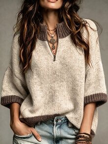 SHEIN Jumper Rajut Wanita Model Baru Musim Gugur/Musim Dingin Gaya Nordik Minimalis Dua Warna dengan Resleting Setengah, Kerah Tinggi, Lengan Sedang, Siluet Longgar - Khaki - View 4