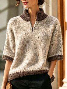 SHEIN Jumper Rajut Wanita Model Baru Musim Gugur/Musim Dingin Gaya Nordik Minimalis Dua Warna dengan Resleting Setengah, Kerah Tinggi, Lengan Sedang, Siluet Longgar - Khaki - View 7