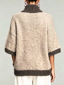 SHEIN Jumper Rajut Wanita Model Baru Musim Gugur/Musim Dingin Gaya Nordik Minimalis Dua Warna dengan Resleting Setengah, Kerah Tinggi, Lengan Sedang, Siluet Longgar - Khaki - View 2