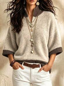 SHEIN Jumper Rajut Wanita Model Baru Musim Gugur/Musim Dingin Gaya Nordik Minimalis Dua Warna dengan Resleting Setengah, Kerah Tinggi, Lengan Sedang, Siluet Longgar - Khaki - View 1