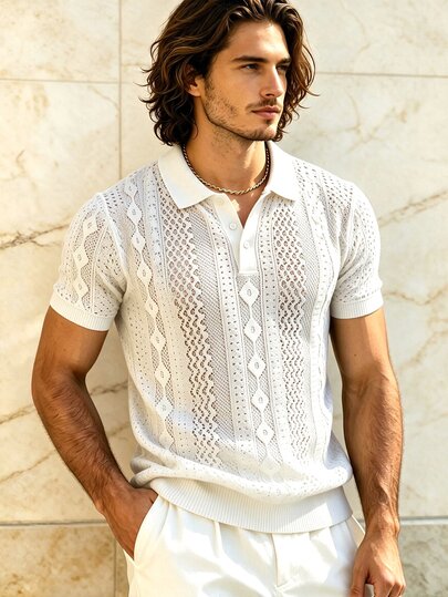 TONEVAULT Men's Vacation Short Sleeve Button Half-Placket Lace Top