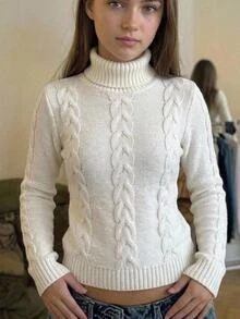 SHEIN Kids Tween Girls Sweaters Long Sleeve High Neck Pullover Autumn Sweater - White - View 1