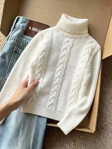 SHEIN Kids Tween Girls Sweaters Long Sleeve High Neck Pullover Autumn Sweater - White - View 6
