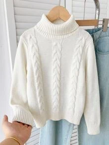 SHEIN Kids Tween Girls Sweaters Long Sleeve High Neck Pullover Autumn Sweater - White - View 5