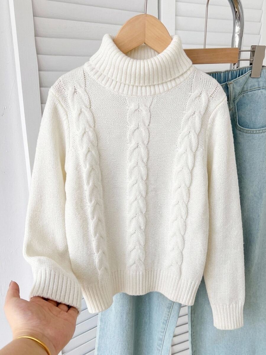 SHEIN Kids Tween Girls Sweaters Long Sleeve High Neck Pullover Autumn Sweater - White - View 1