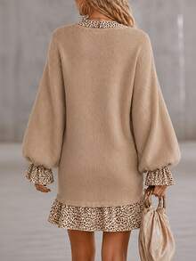 SHEIN Leopard Print Patchwork V-Neck Ruffle Knit Dress - Apricot - View 2