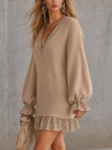 SHEIN Leopard Print Patchwork V-Neck Ruffle Knit Dress - Apricot - View 3
