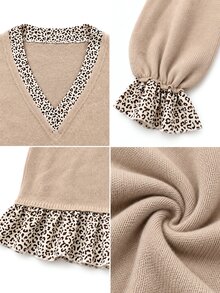 SHEIN Leopard Print Patchwork V-Neck Ruffle Knit Dress - Apricot - View 5
