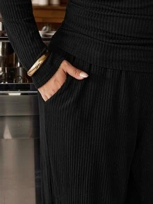 Muchica Plus-Size Women's Two Pieces Set Solid-Color Round-Neck Long-Sleeve T-Shirt And Wide-Leg Pants Suitable For Baggy Formal Vacation Black Autumn Fall - Black - View 5
