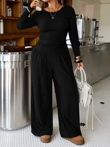 Muchica Plus-Size Women's Two Pieces Set Solid-Color Round-Neck Long-Sleeve T-Shirt And Wide-Leg Pants Suitable For Baggy Formal Vacation Black Autumn Fall - Black - View 6