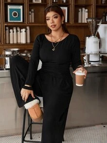 Muchica Plus-Size Women's Two Pieces Set Solid-Color Round-Neck Long-Sleeve T-Shirt And Wide-Leg Pants Suitable For Baggy Formal Vacation Black Autumn Fall - Black - View 8