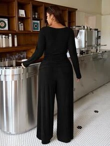 Muchica Plus-Size Women's Two Pieces Set Solid-Color Round-Neck Long-Sleeve T-Shirt And Wide-Leg Pants Suitable For Baggy Formal Vacation Black Autumn Fall - Black - View 2