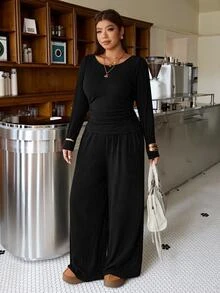 Muchica Plus-Size Women's Two Pieces Set Solid-Color Round-Neck Long-Sleeve T-Shirt And Wide-Leg Pants Suitable For Baggy Formal Vacation Black Autumn Fall - Black - View 4