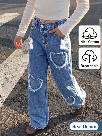SHEIN Girls Asymmetrical High Waist Heart-Shaped Distressed Denim Jeans, Cute Casual Loose Wide Leg Fit, Vintage Dark Blue Wash For Timeless Texture, Perfect Match For Preppy And Sweet Spicy Styles, High-End Washed Denim Pants For All-Season Wear