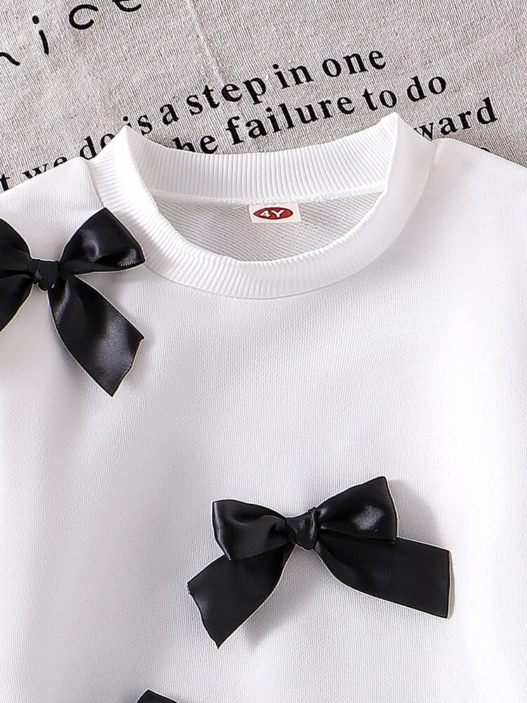 SHEIN Girls Casual Baby Western 2 Pieces Set: Round Neck Long Sleeve Bow Decor Sweatshirt And Flare Pants, Autumn Bow Outfit Birthday Kindergarten White - White - View 6