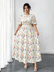 Elenzga 大码女式碎花圆领荷叶袖A字中长连衣裙，优雅户外装 - 黃色 - 查看 4