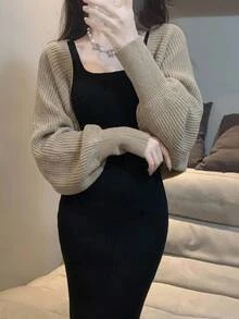 DAZY Solid Color Loose Long Sleeve Cardigan & Fitted Long Tank Dress Elegant Vacation Autumn/Winter Sweater 2 Pieces Set For Women - Black - View 1
