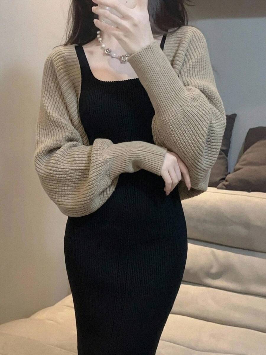 DAZY Solid Color Loose Long Sleeve Cardigan & Fitted Long Tank Dress Elegant Vacation Autumn/Winter Sweater 2 Pieces Set For Women - Black - View 1