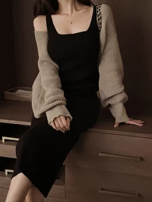 DAZY Solid Color Loose Long Sleeve Cardigan & Fitted Long Tank Dress Elegant Vacation Autumn/Winter Sweater 2 Pieces Set For Women - Black - View 10