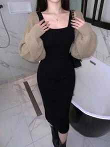 DAZY Solid Color Loose Long Sleeve Cardigan & Fitted Long Tank Dress Elegant Vacation Autumn/Winter Sweater 2 Pieces Set For Women - Black - View 2