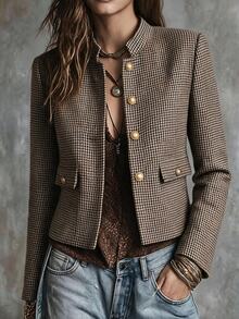 SHEIN Women's French-Style Plaid Jacket, Stand Collar & Metal Buttons, Structured Shoulder Fit, Relaxed Elegant Design For Office & Commuting, Fall/Winter - Coffee Brown - View 6
