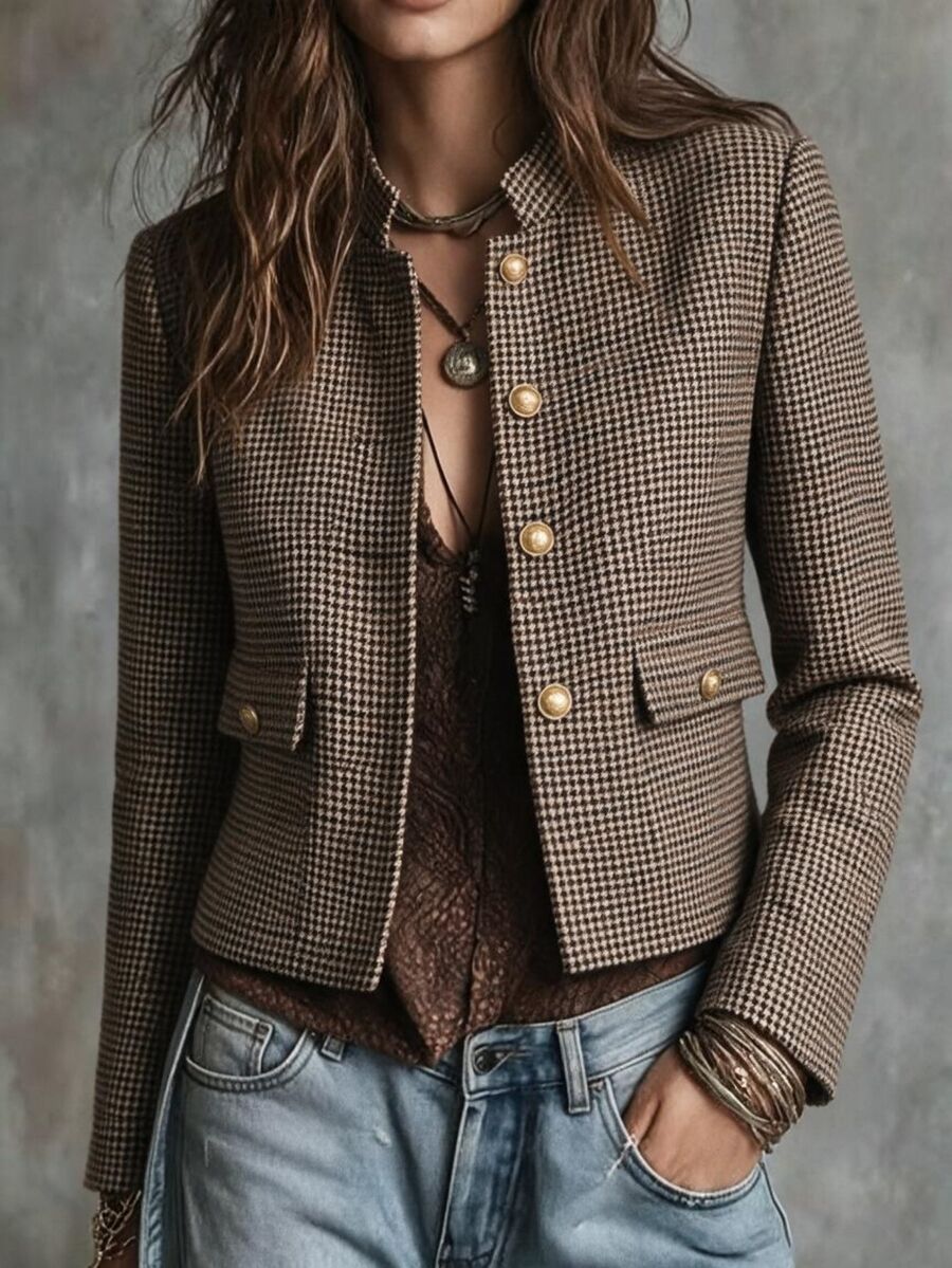 SHEIN Women's French-Style Plaid Jacket, Stand Collar & Metal Buttons, Structured Shoulder Fit, Relaxed Elegant Design For Office & Commuting, Fall/Winter - Coffee Brown - View 1