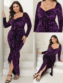Comfylo Gaun Beludru Berenda Motif Leopard Plus - Violet Purple - View 7