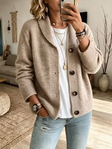 Louniche Slouchy Vintage Women's Cardigan Relaxed Fit Knitwear Button Up Khaki Knitwear Casual Autumn Winter Clothes Country Coat Festival Modern 2026 Elegant - Khaki - View 3