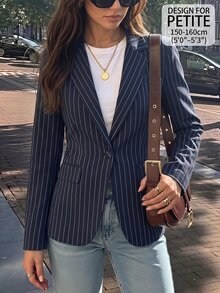 SHEIN PETITE Blazer Bergaris Biru Tua yang Bergaya dan Kasual untuk Wanita Bertubuh Mungil - Sempurna untuk Perjalanan Sehari-hari. - Navy Blue - View 1