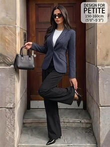 SHEIN PETITE Blazer Bergaris Biru Tua yang Bergaya dan Kasual untuk Wanita Bertubuh Mungil - Sempurna untuk Perjalanan Sehari-hari. - Navy Blue - View 4