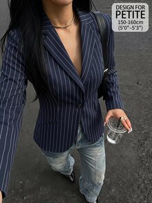 SHEIN PETITE Blazer Bergaris Biru Tua yang Bergaya dan Kasual untuk Wanita Bertubuh Mungil - Sempurna untuk Perjalanan Sehari-hari. - Navy Blue - View 5