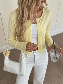 Easowa Women's Casual Solid Color Button-Front Lightweight Jacket Pale Yellow Ribbed Autumn/Winter Back To School Going Out Everyday Date Night - Yellow - View 2
