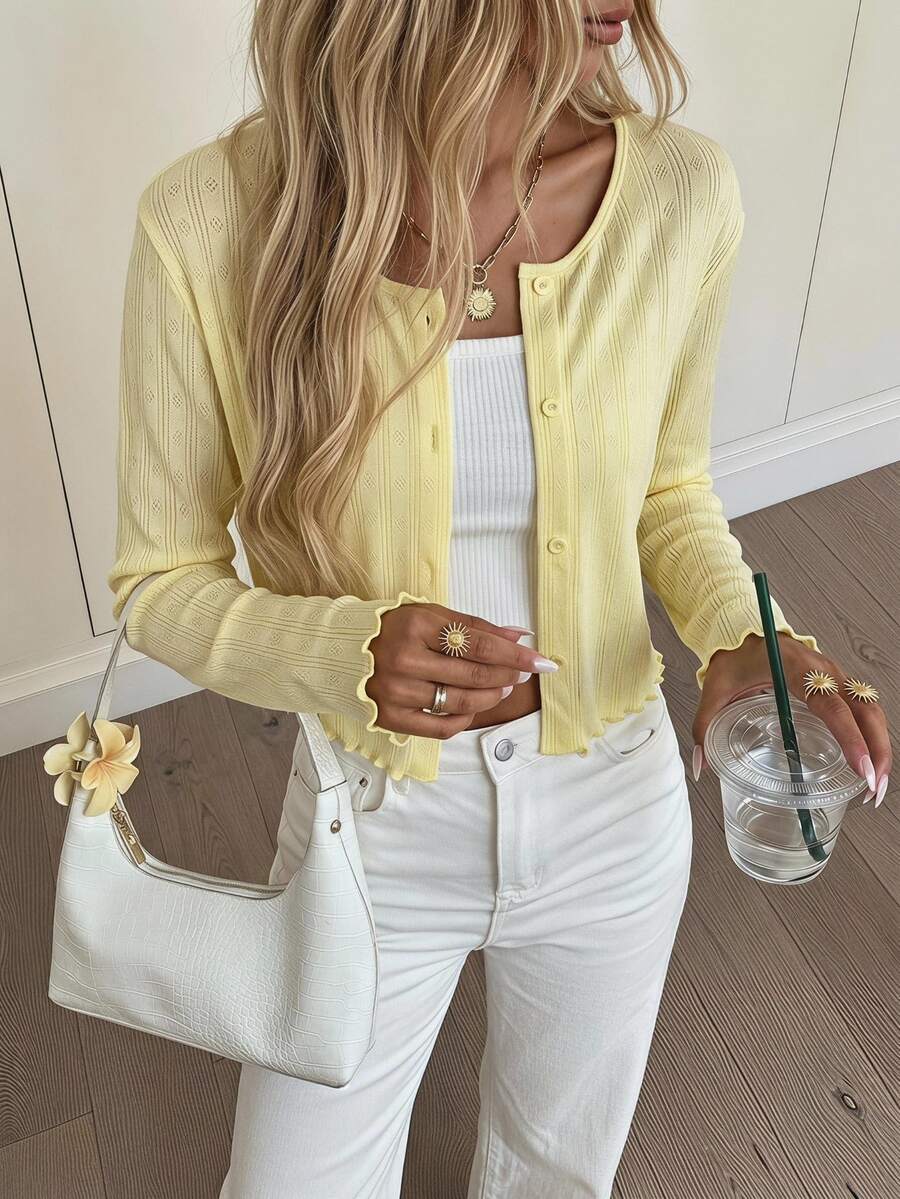 Easowa Women's Casual Solid Color Button-Front Lightweight Jacket Pale Yellow Ribbed Autumn/Winter Back To School Going Out Everyday Date Night