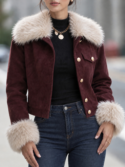 Penseblé Women's Autumn/Winter Fashion Collar & Cuff Patchwork Faux Fur Jacket, Suitable For Commuting, Outings, Shopping, Dating