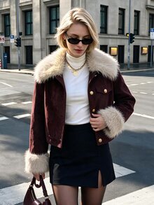 Penseblé Women's Autumn/Winter Fashion Collar & Cuff Patchwork Faux Fur Jacket, Suitable For Commuting, Outings, Shopping, Dating - Burgundy - View 5
