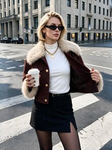 Penseblé Women's Autumn/Winter Fashion Collar & Cuff Patchwork Faux Fur Jacket, Suitable For Commuting, Outings, Shopping, Dating - Burgundy - View 6