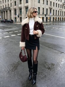 Penseblé Women's Autumn/Winter Fashion Collar & Cuff Patchwork Faux Fur Jacket, Suitable For Commuting, Outings, Shopping, Dating - Burgundy - View 8