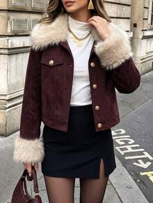 Penseblé Women's Autumn/Winter Fashion Collar & Cuff Patchwork Faux Fur Jacket, Suitable For Commuting, Outings, Shopping, Dating - Burgundy - View 10