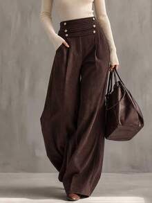 Balvessa Brown Corduroy Design Button-Front Vintage Casual Wide Leg Women's Long Pants, Autumn/Winter - Coffee Brown - View 1