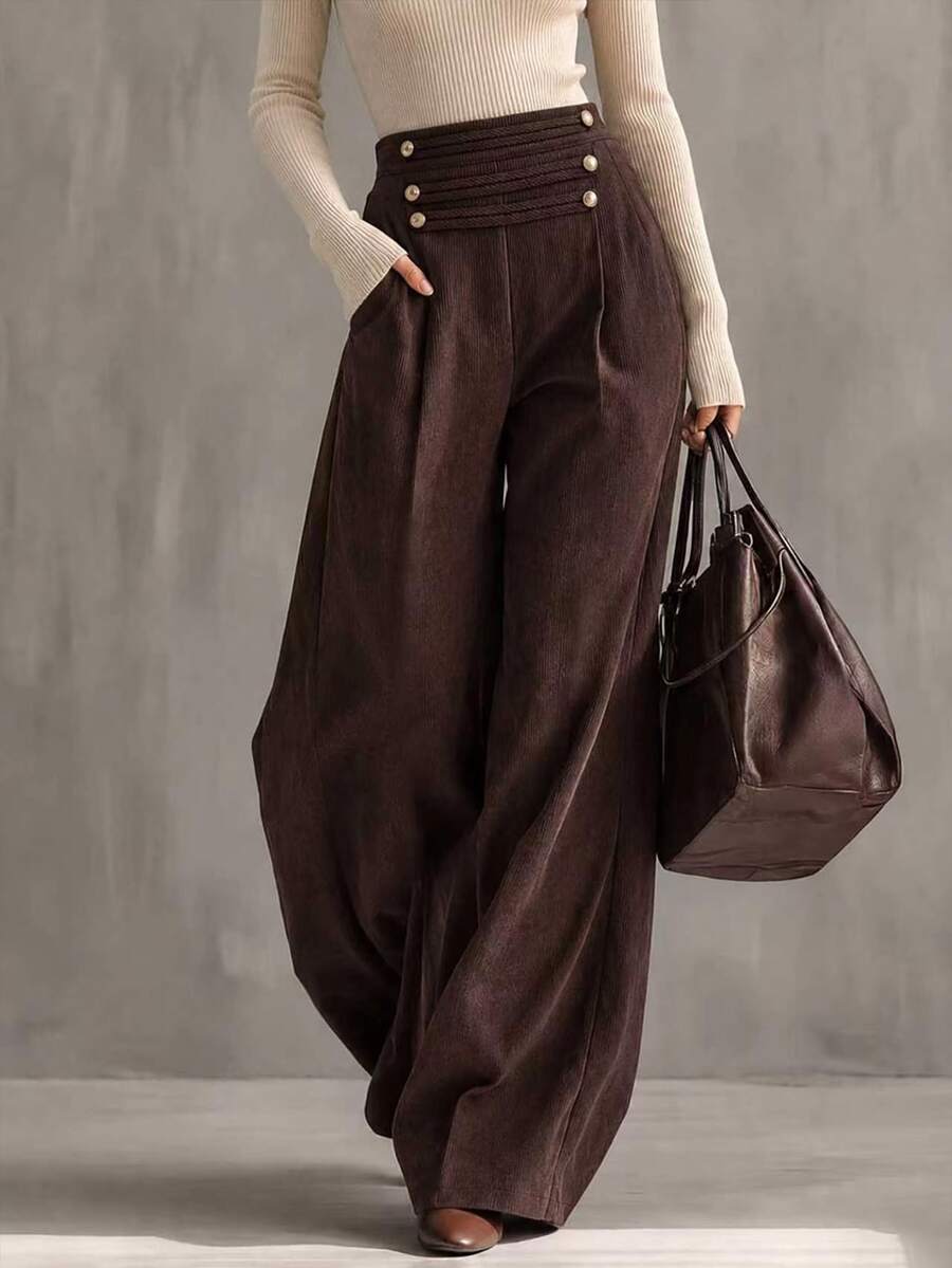 Balvessa Brown Corduroy Design Button-Front Vintage Casual Wide Leg Women's Long Pants, Autumn/Winter - Coffee Brown - View 1