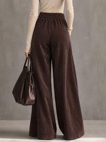 Balvessa Brown Corduroy Design Button-Front Vintage Casual Wide Leg Women's Long Pants, Autumn/Winter - Coffee Brown - View 2